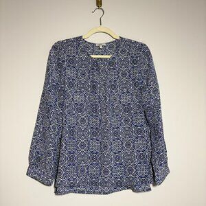 Joie 100% Silk Blue White Medallion Tile Print Blouse Medium